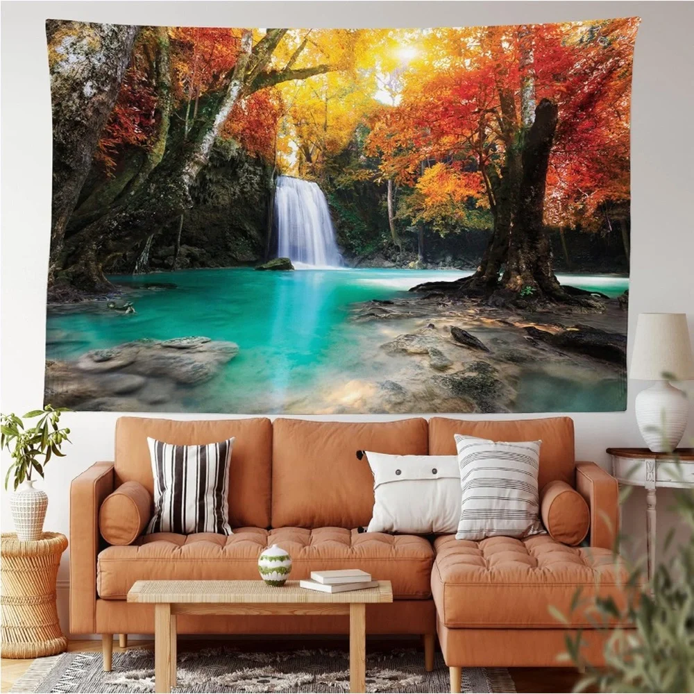 Fall Forest Waterfalls Wall Decor Hanging Tapestry Large Sz Twin 68” x 88” NWOT